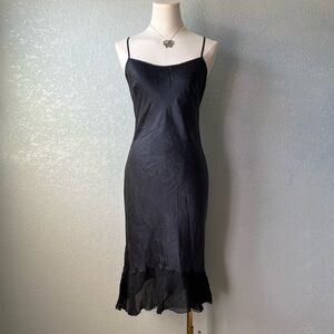 Dark Gray Lace Silk Slip Dress Midi Minimalist Satin Bias Cut Spaghetti Strap S